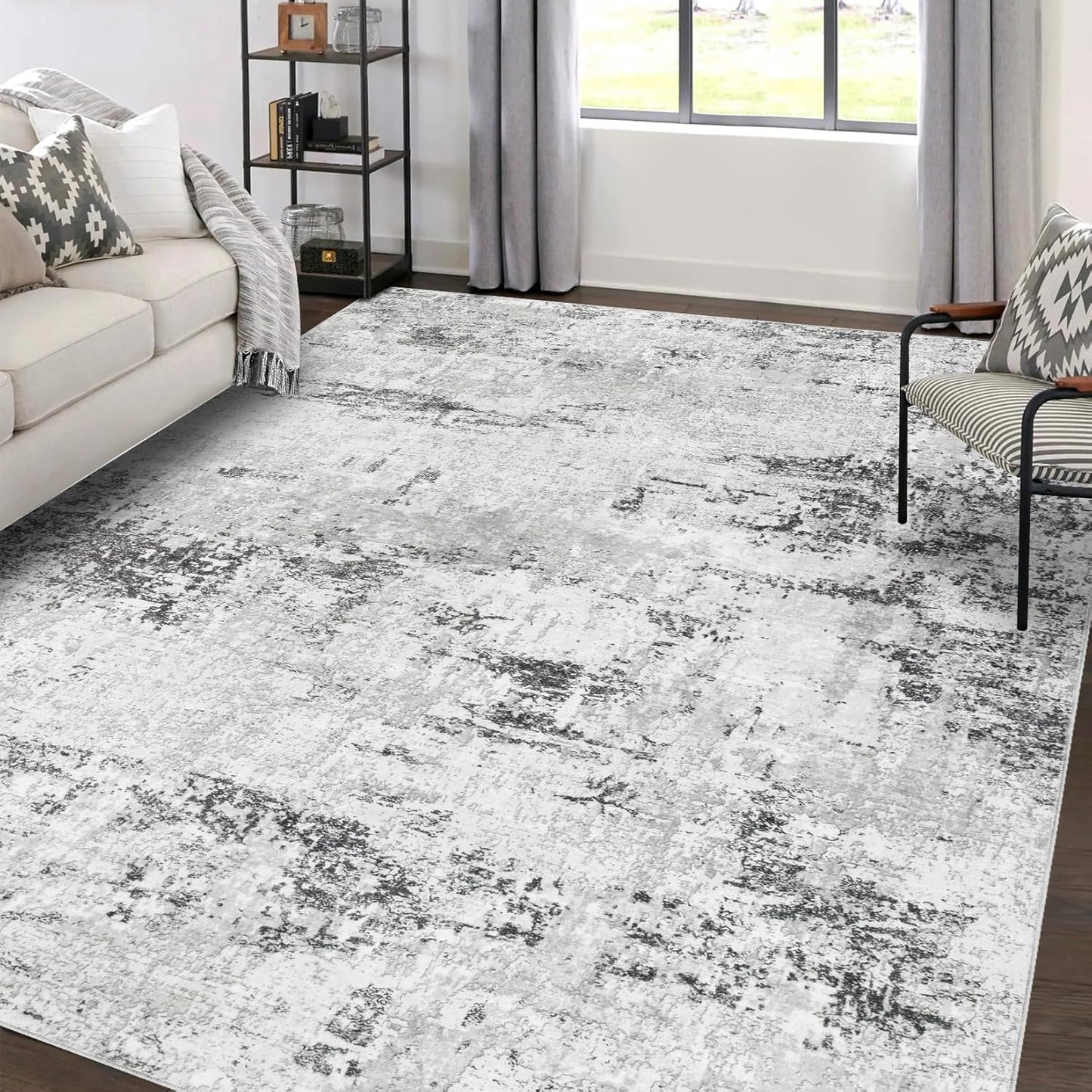 Area Rug Living Room Rugs: 8x10 Large Soft Indoor Carpet Modern Abstract Rug with Non Slip Rubber Backing for Under Dining Table Nursery Home Office Bedroom White Gray Blue