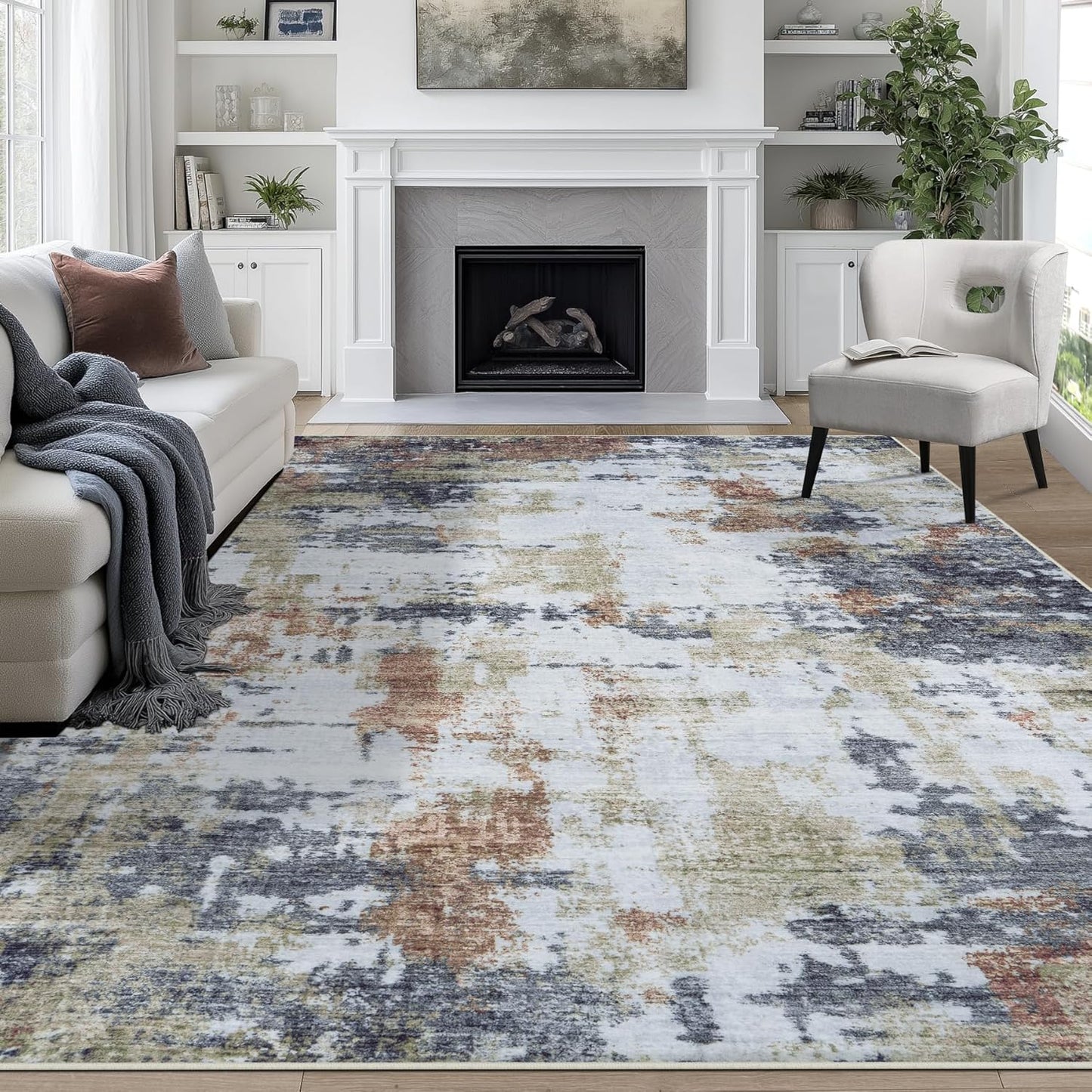 8x10 Area Rugs for Living Room Rug Washable: Abstract Large Rug for Dining Room Bedroom Carpet Non Slip 8 by 10 Indoor Modern Nursery Home Office Blue Grey