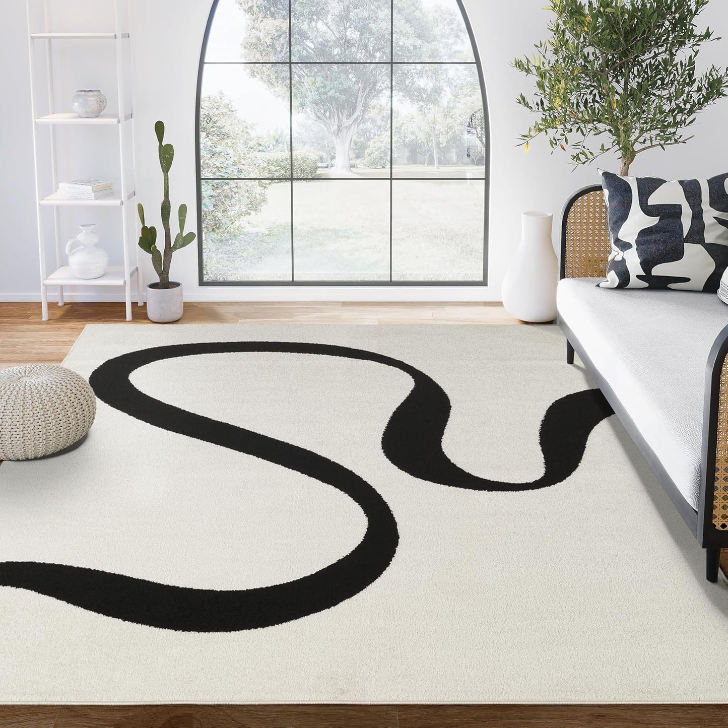 Abani Abstract Beige/Black Area Rug - 4'x6' - Modern Curved Line Design - Deco Collection - Easy to Clean - Durable for High Traffic Areas - Bedroom, Office & Kitchen - Medium Pile