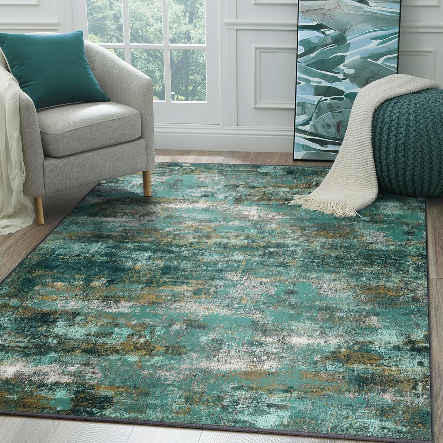 Area Rugs 5x7 for Living Room Bedroom, Modern Abstract Machine Washable Large Light Green Rug Soft Rug, Low Pile Floor Carpet with Non Slip Backing for Dining Room