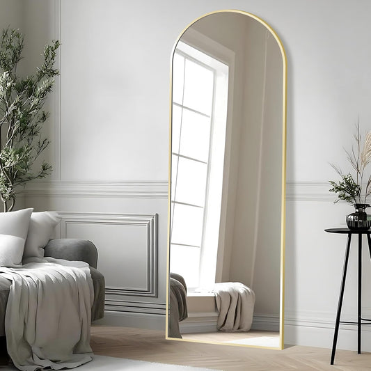 55x20" Arched Full Length Mirror with Stand, Gold Long Floor Mirrors, Full Body Dressing Mirror Over The Door, Tempered Glass Safety Wall Mirror for Bedroom, Living Room, Bathroom, Entryway Decor