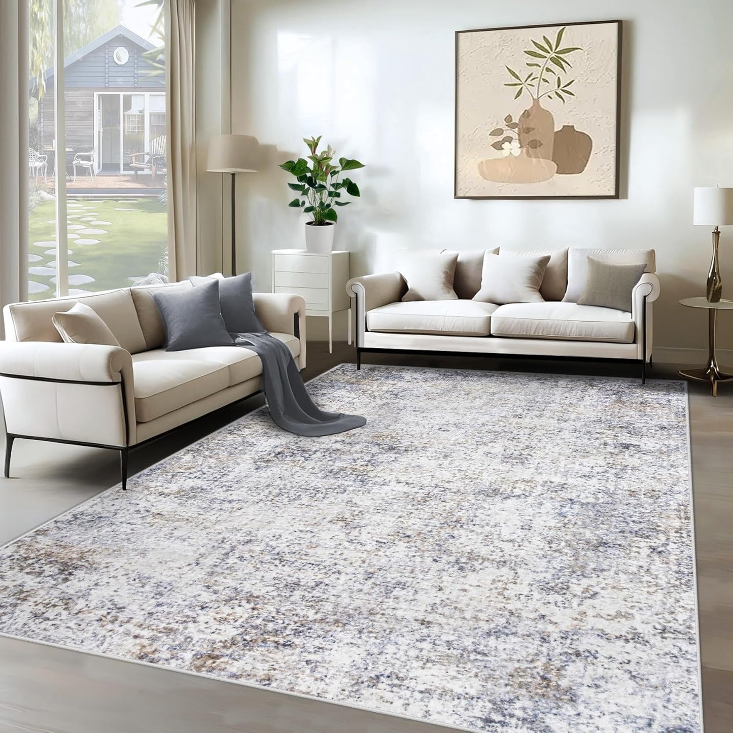 8x10 Area Rugs for Living Room, Washable Modern Abstract Large Area Rug Neutral Soft Non Slip Kids Rug Stain Resistant Indoor Carpet for Bedroom Nursery Dining Room Playroom Home Office(Blue, 8'x10')