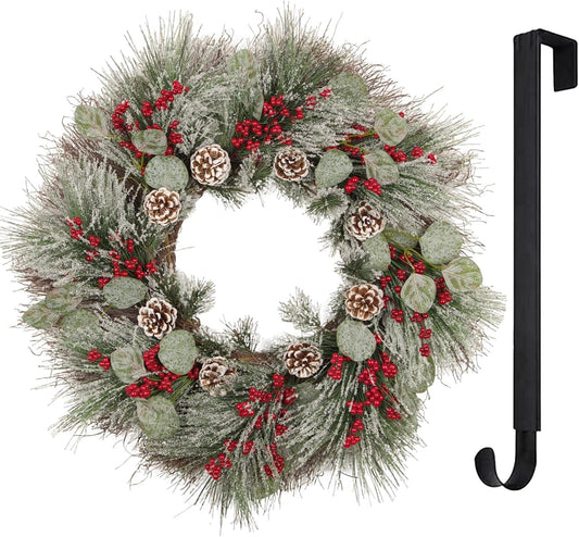 26” Christmas Wreath with Hanger Lights for Front Door Outdoor Porch Frosted Branches Snowy White Pine Needles Cones Berry Clusters Winter Décor Indoor Wall Decorations