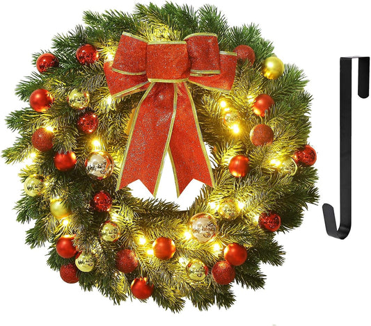 Juegoal 16 Inch Pre-Lit Christmas Wreath with Metal Hanger, Large Red Bow and Colored Balls, Battery Operated with Warm White 40 LEDs Lights, Front Door Spruce Lighted Wreath X-max Decorations