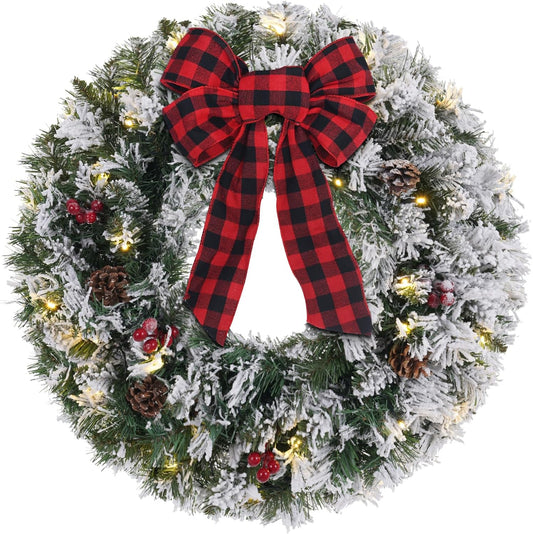 Christmas Wreaths for Front Door, DECSPAS 24 Inch 2 FT Prelit Snowy Flocked Christmas Wreath with Timer 30 LED Lights Bow Red Berries Pine Cone, Xmas Wall Windows Decorations Home Decor Outdoor Indoor