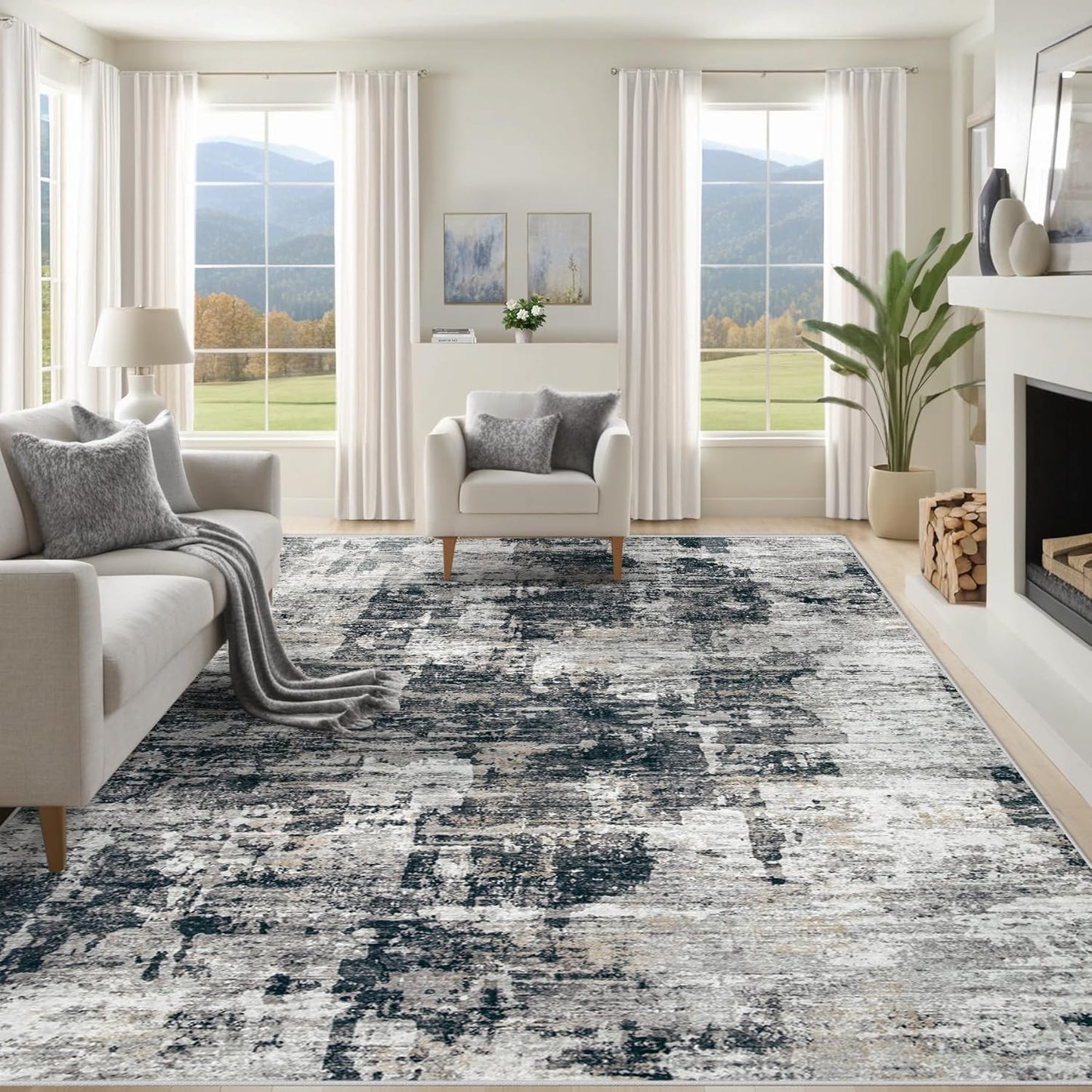 8x10 Area Rugs for Living Room, Washable Modern Abstract Large Area Rug Neutral Soft Non Slip Kids Rug Stain Resistant Indoor Carpet for Bedroom Nursery Dining Room Playroom Home Office(Blue, 8'x10')