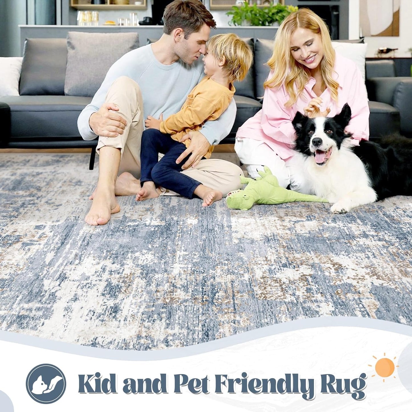 8x10 Area Rugs for Living Room, Washable Modern Abstract Large Area Rug Neutral Soft Non Slip Kids Rug Stain Resistant Indoor Carpet for Bedroom Nursery Dining Room Playroom Home Office(Blue, 8'x10')