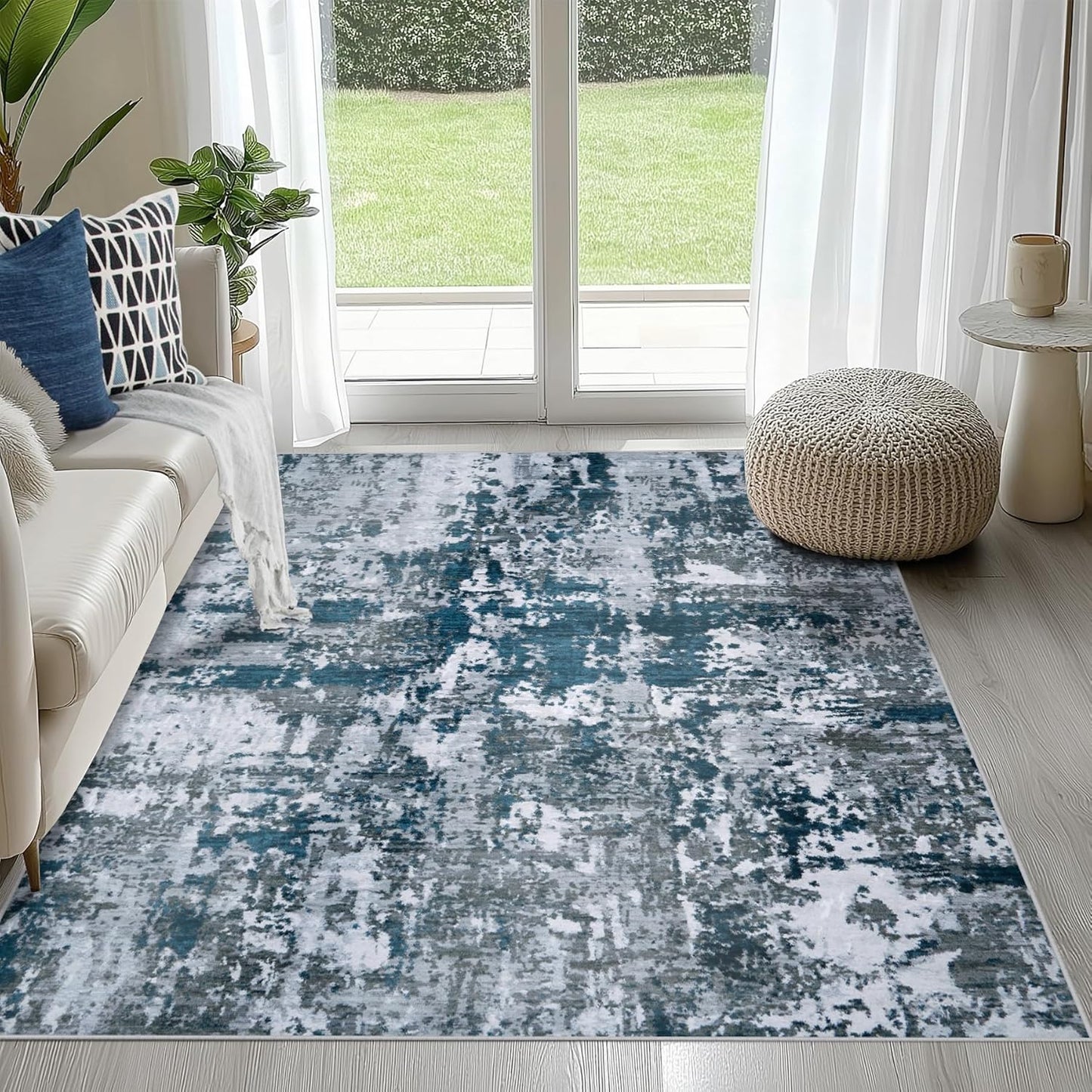 8x10 Area Rugs for Living Room Rug Washable: Abstract Large Rug for Dining Room Bedroom Carpet Non Slip 8 by 10 Indoor Modern Nursery Home Office Blue Grey