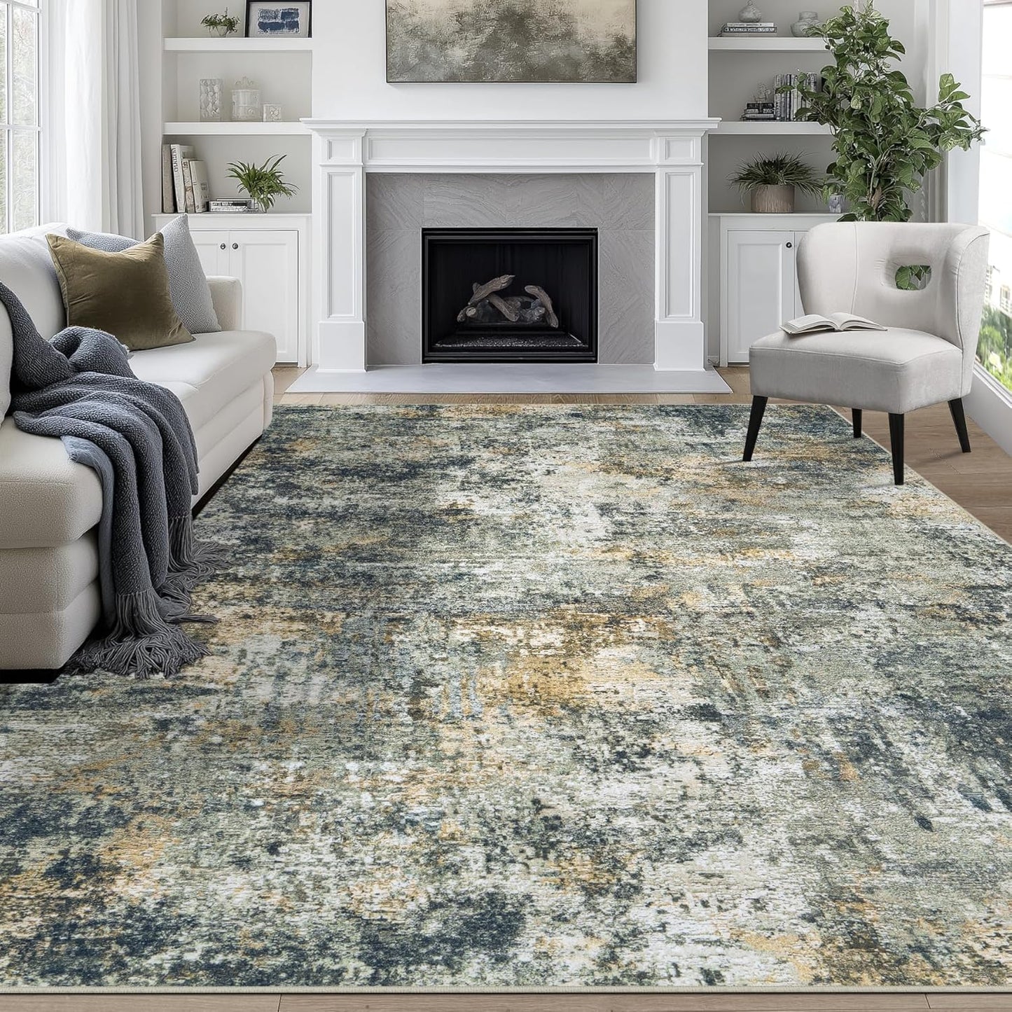 8x10 Area Rugs for Living Room Rug Washable: Abstract Large Rug for Dining Room Bedroom Carpet Non Slip 8 by 10 Indoor Modern Nursery Home Office Blue Grey