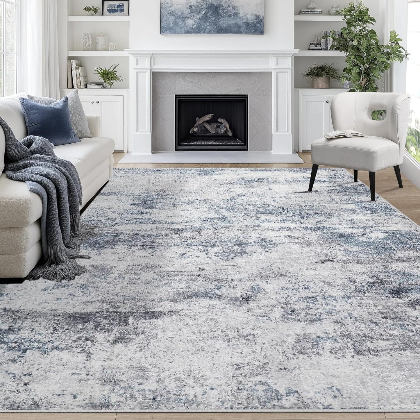 8x10 Area Rugs for Living Room Rug Washable: Abstract Large Rug for Dining Room Bedroom Carpet Non Slip 8 by 10 Indoor Modern Nursery Home Office Blue Grey