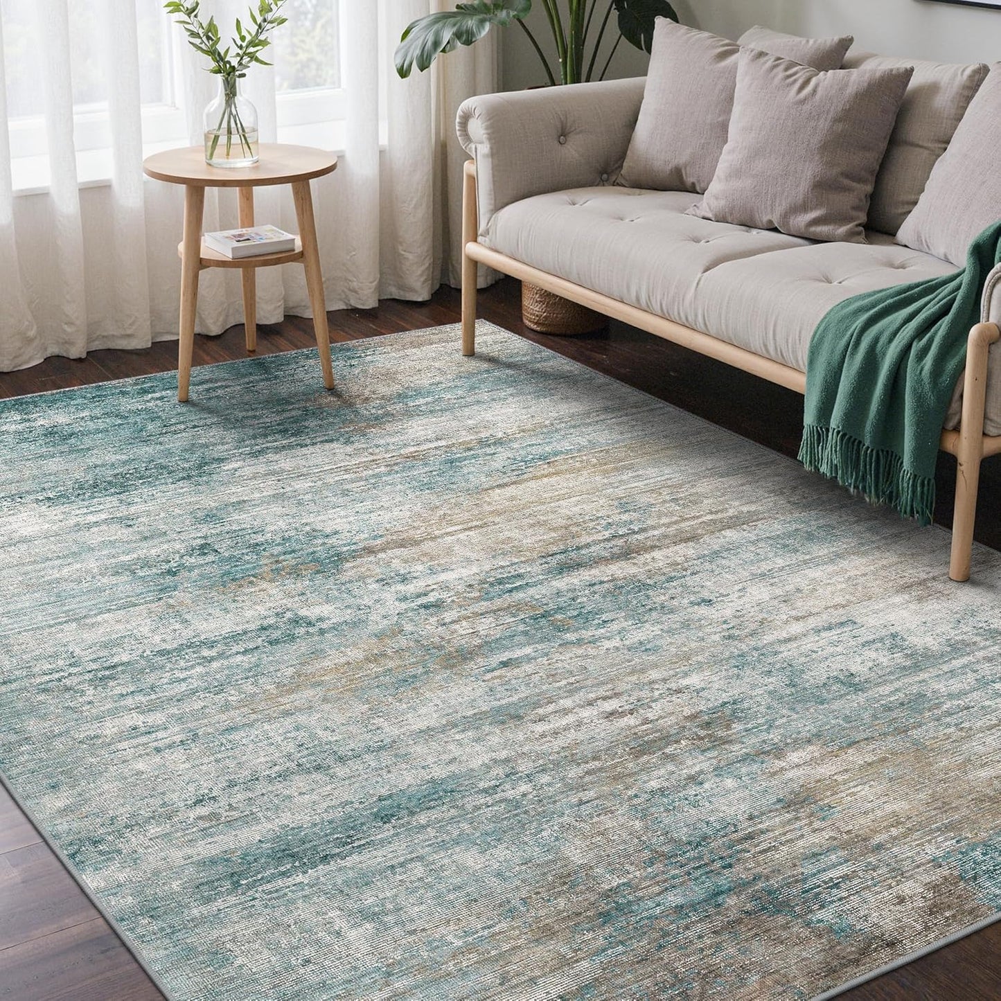 Area Rugs 5x7 for Living Room Bedroom, Modern Abstract Machine Washable Large Light Green Rug Soft Rug, Low Pile Floor Carpet with Non Slip Backing for Dining Room