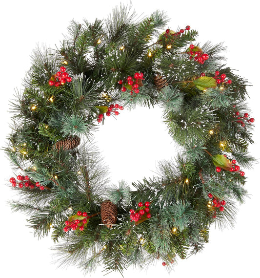 National Tree Company 24 in Pre-Lit Wintry Pine Artificial Christmas Wreath, Christmas Decoration with Pinecones, Red Berries, Snowy Bristle, 50 Clear Lights, 113 Tips, Green
