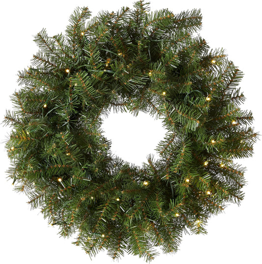 National Tree Company 24 in Pre-Lit Norwood Fir Artificial Christmas Wreath, Christmas Decoration with 50 Clear LED Lights, 250 Tips, Timer, Green